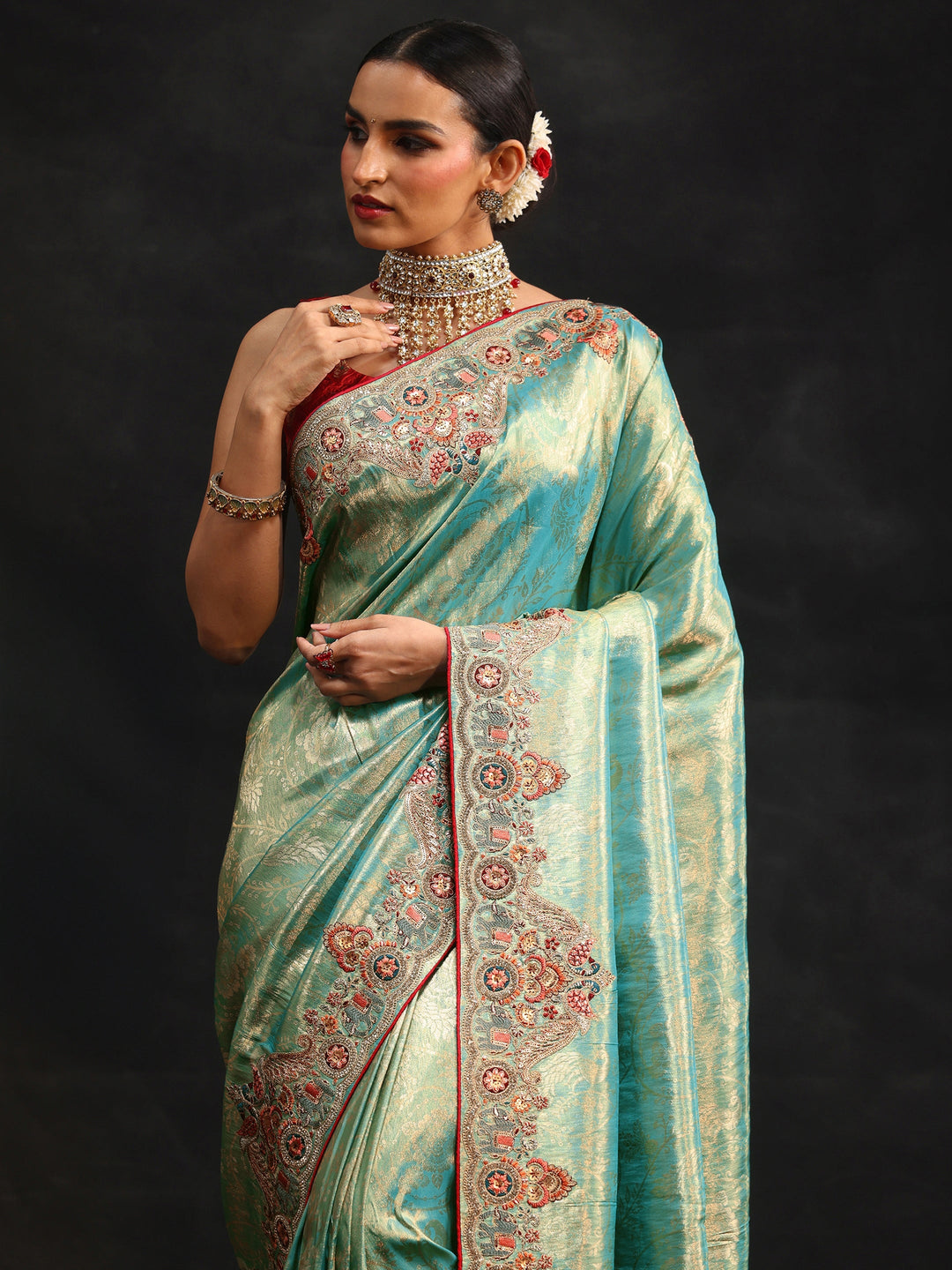 Libas Art Aqua Blue Woven Design Saree with Embroidered Border