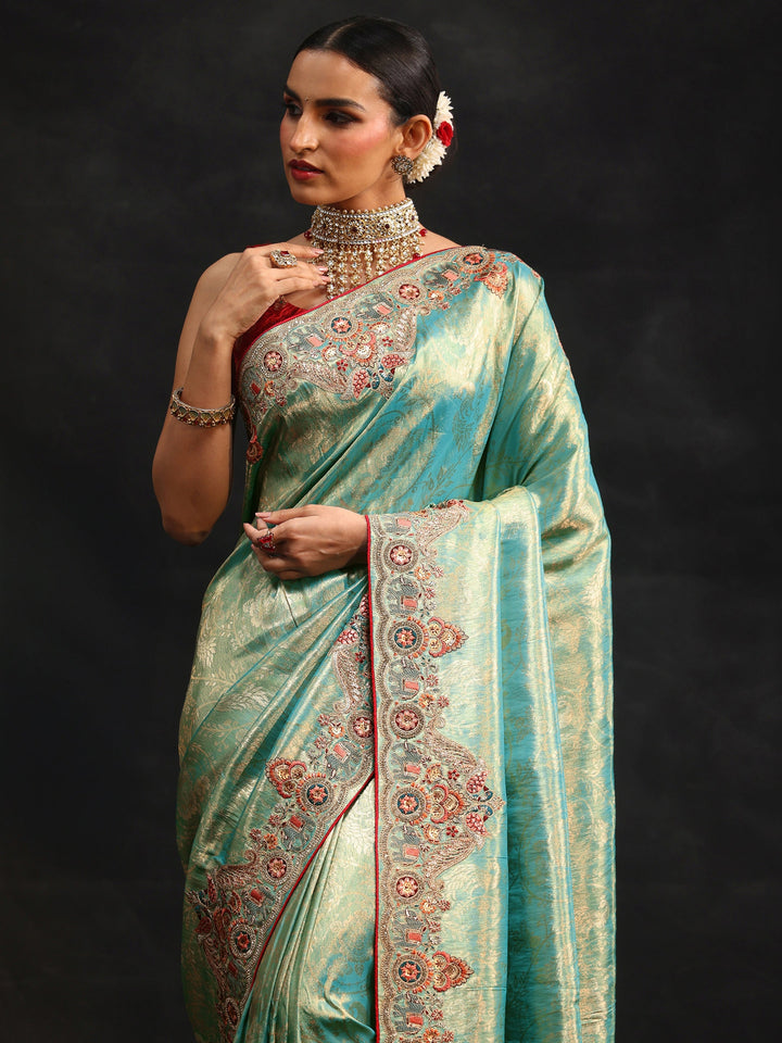 Libas Art Aqua Blue Woven Design Saree with Embroidered Border