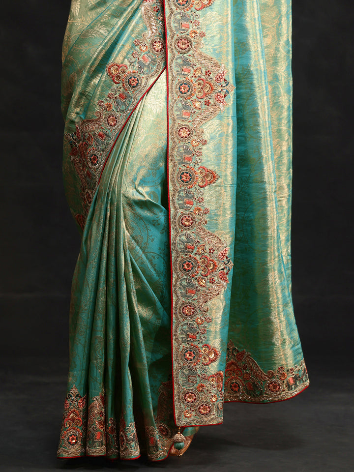 Libas Art Aqua Blue Woven Design Saree with Embroidered Border