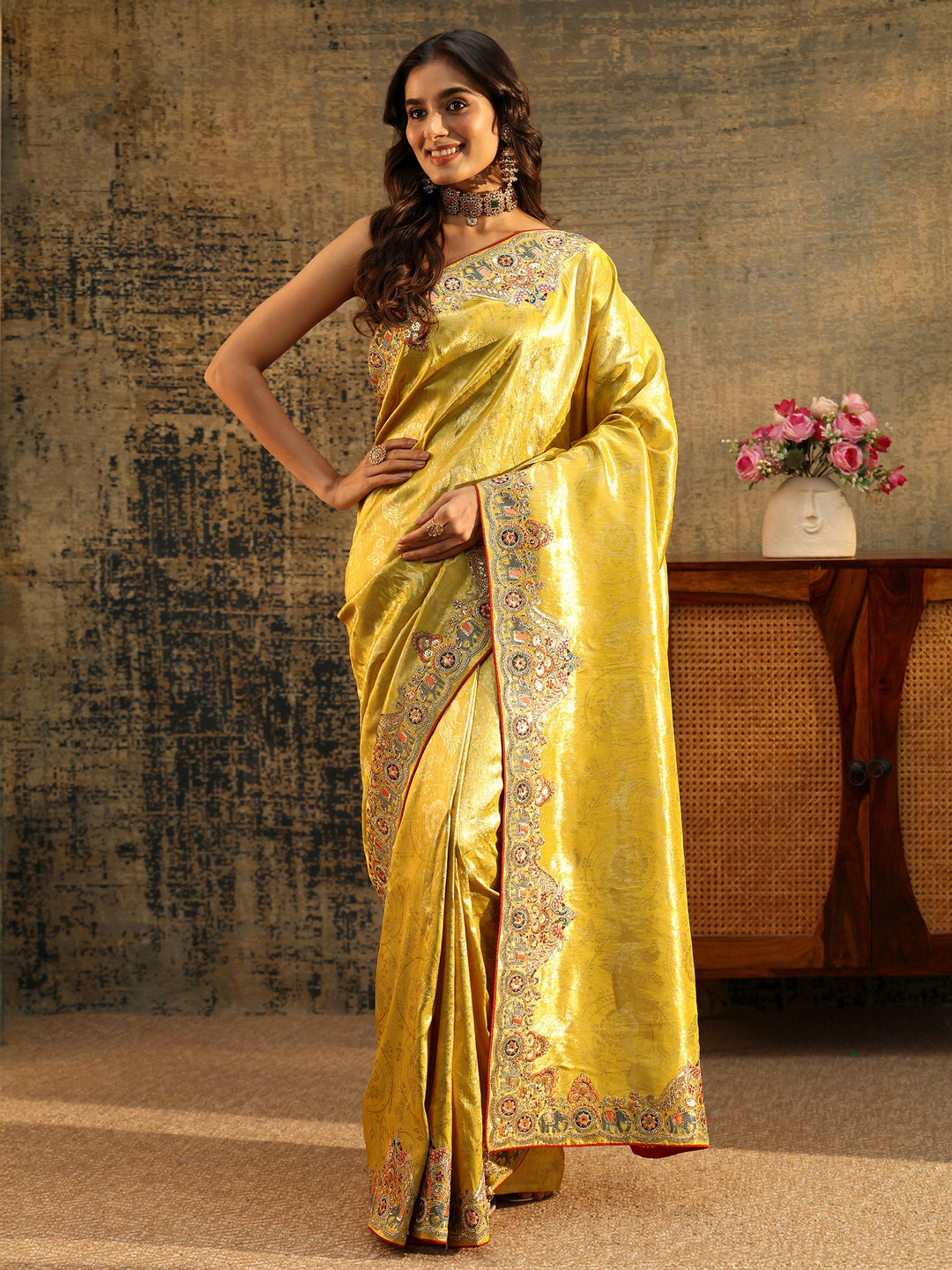 Libas Art Chartreuse Green Woven Silk Blend Saree with Embellished Saree