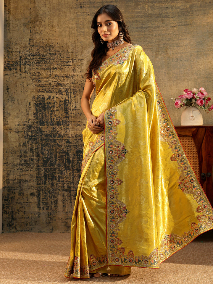 Libas Art Chartreuse Green Woven Silk Blend Saree with Embellished Saree
