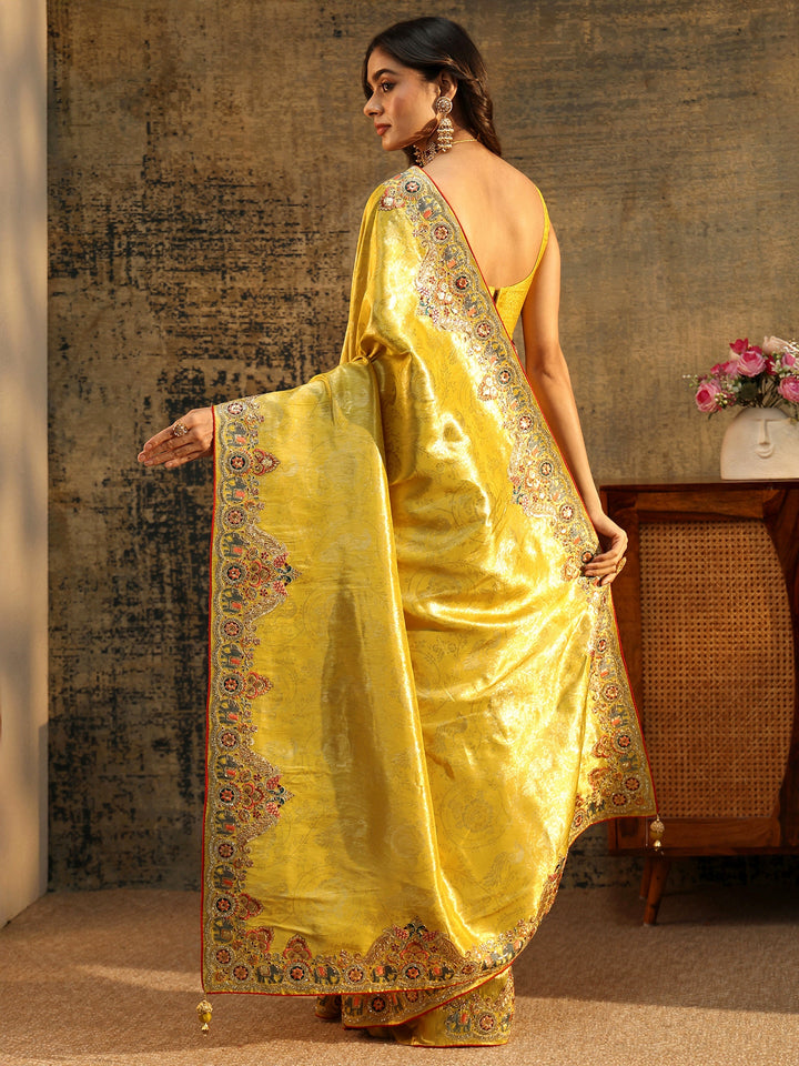Libas Art Chartreuse Green Woven Silk Blend Saree with Embellished Saree
