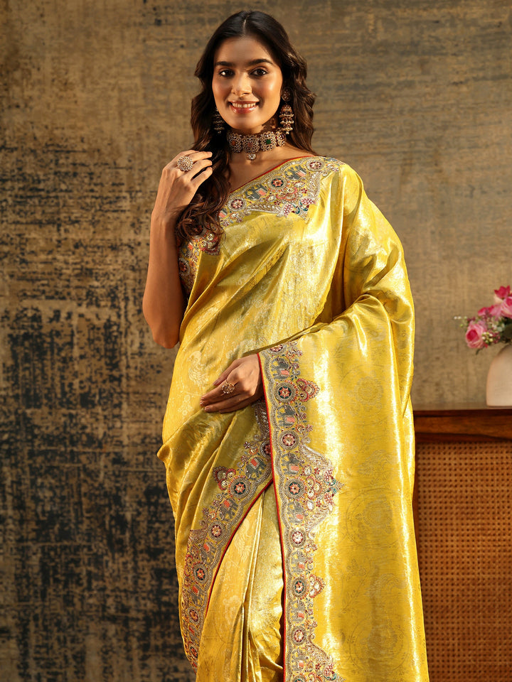 Libas Art Chartreuse Green Woven Silk Blend Saree with Embellished Saree