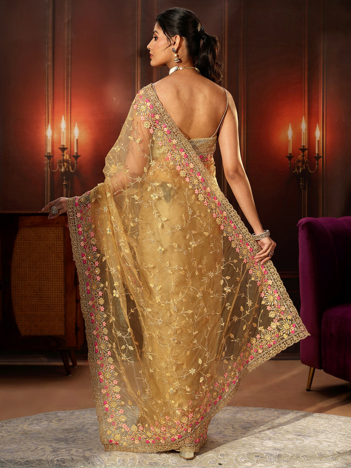 Libas Mustard Floral Embroidered Net Saree