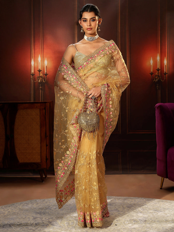 Libas Mustard Floral Embroidered Net Saree