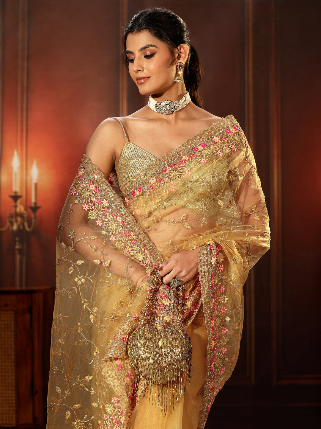 Libas Mustard Floral Embroidered Net Saree