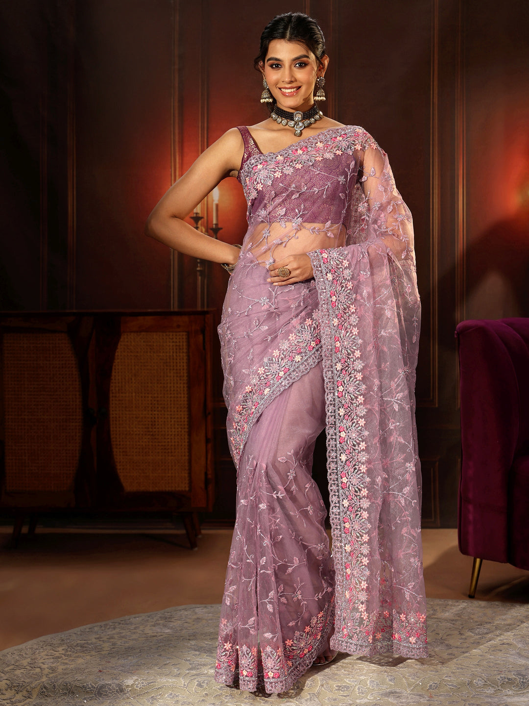 Libas Lavender Floral Embroidered Net Saree