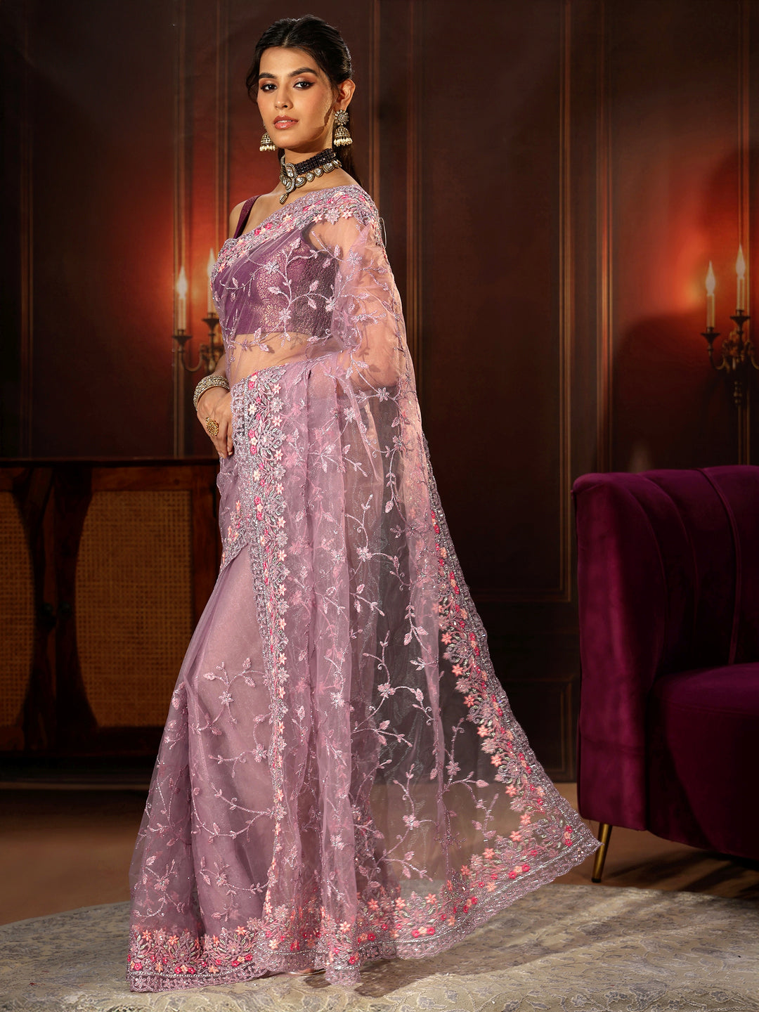 Libas Lavender Floral Embroidered Net Saree