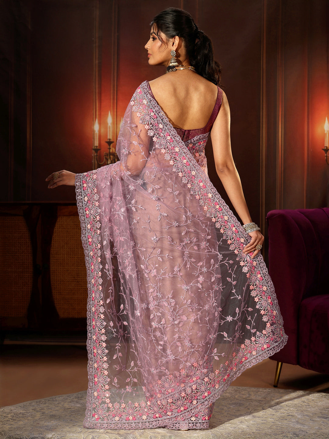Libas Lavender Floral Embroidered Net Saree