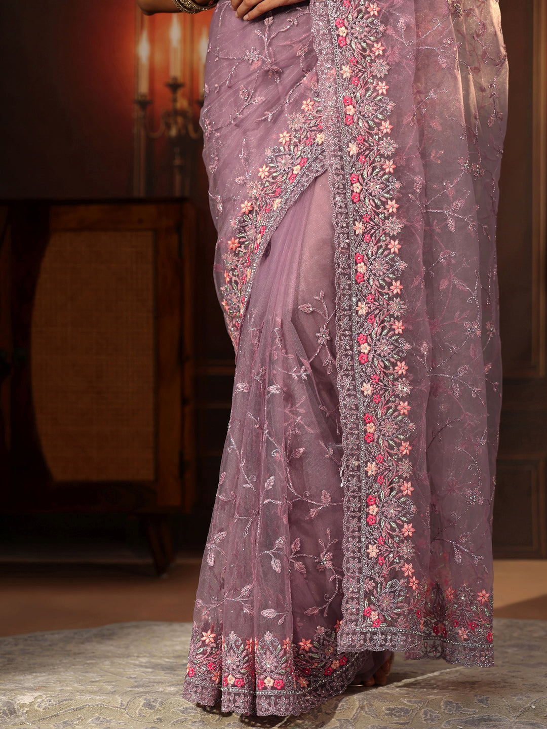 Libas Lavender Floral Embroidered Net Saree