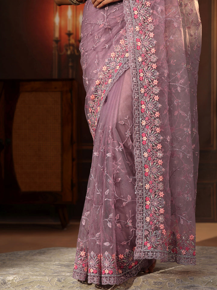 Libas Lavender Floral Embroidered Net Saree