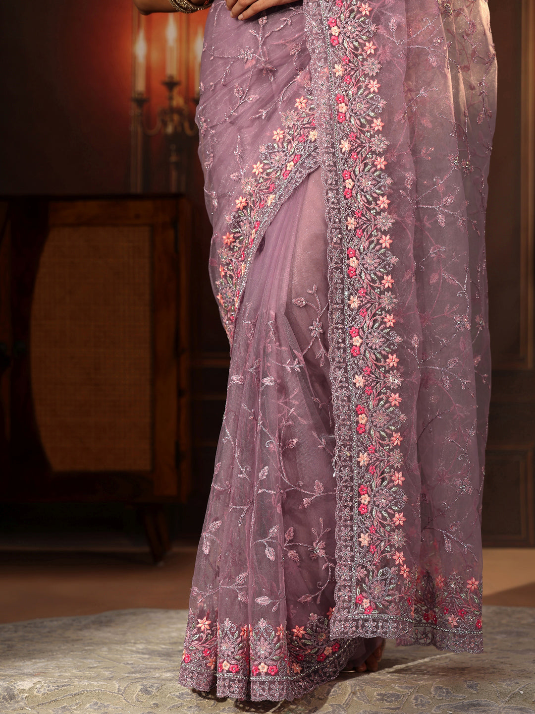 Libas Lavender Floral Embroidered Net Saree