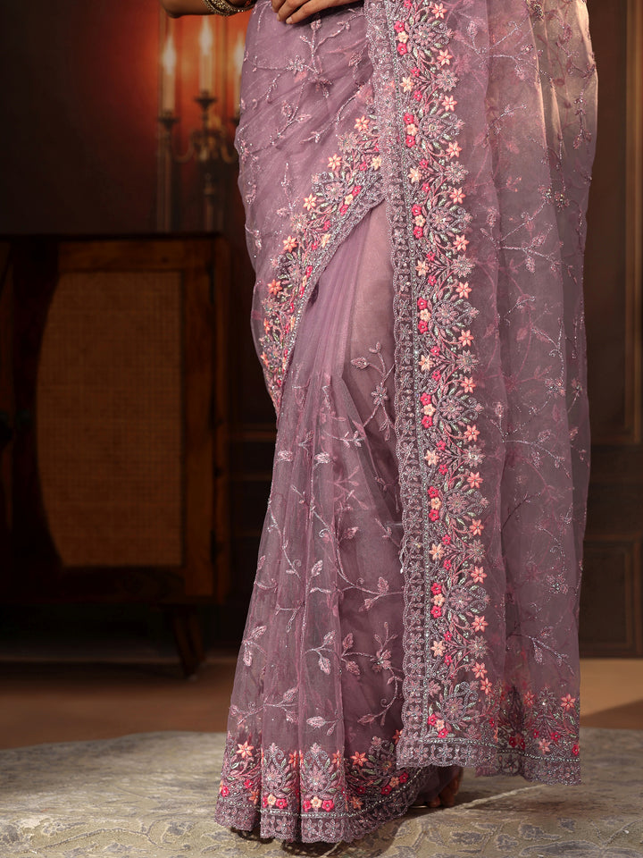 Libas Lavender Floral Embroidered Net Saree