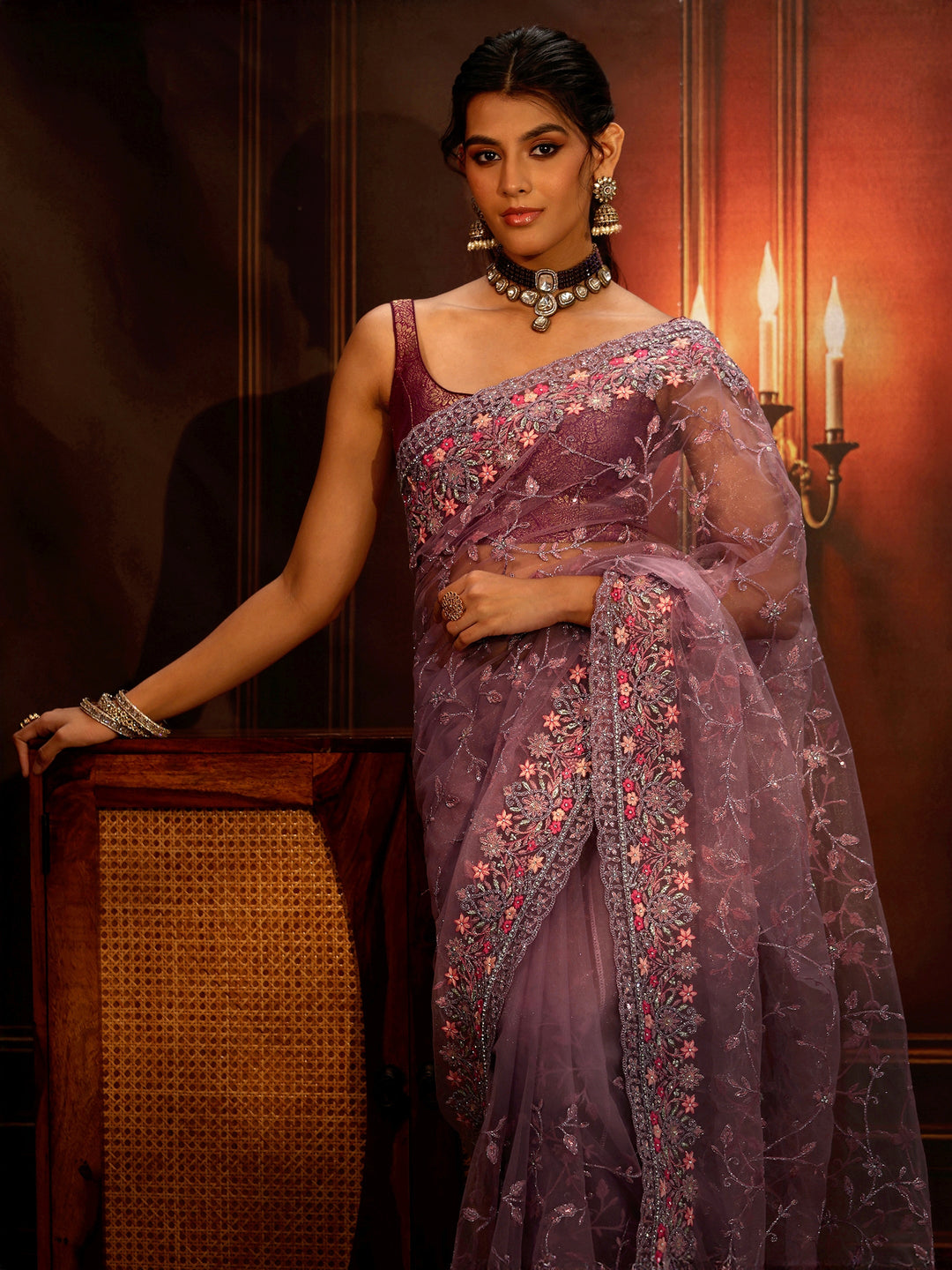 Libas Lavender Floral Embroidered Net Saree