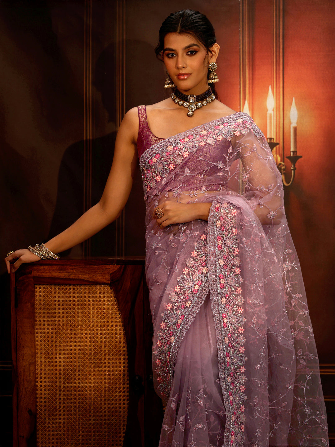 Libas Lavender Floral Embroidered Net Saree