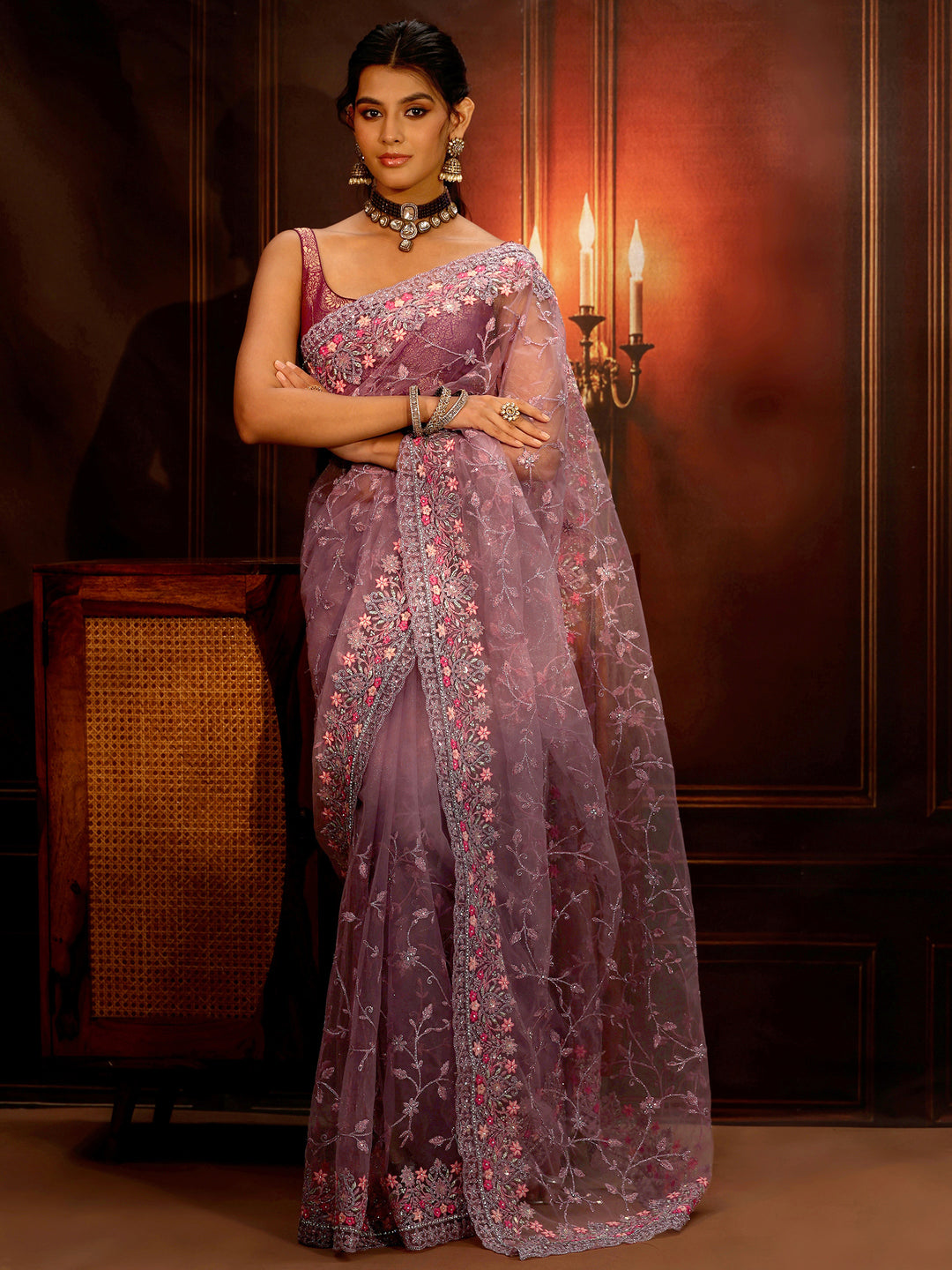 Libas Lavender Floral Embroidered Net Saree