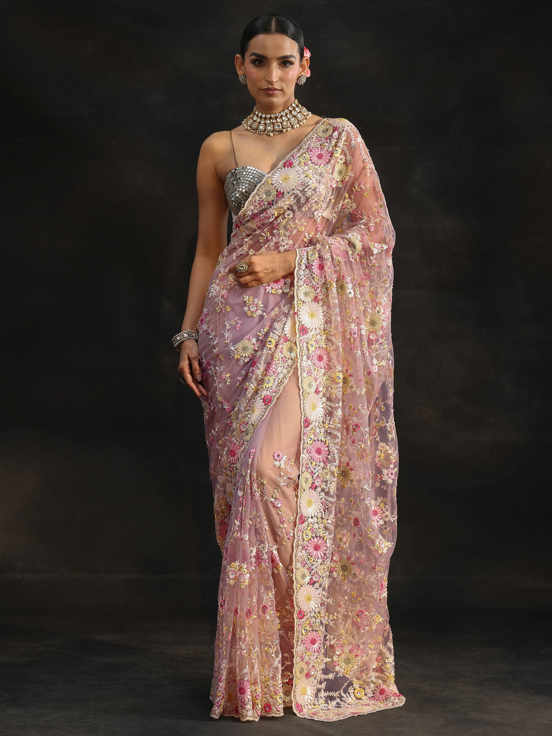 Libas Art Baby Pink Floral Embroidered Net Saree