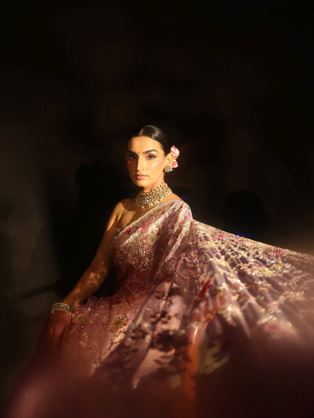 Libas Art Baby Pink Floral Embroidered Net Saree