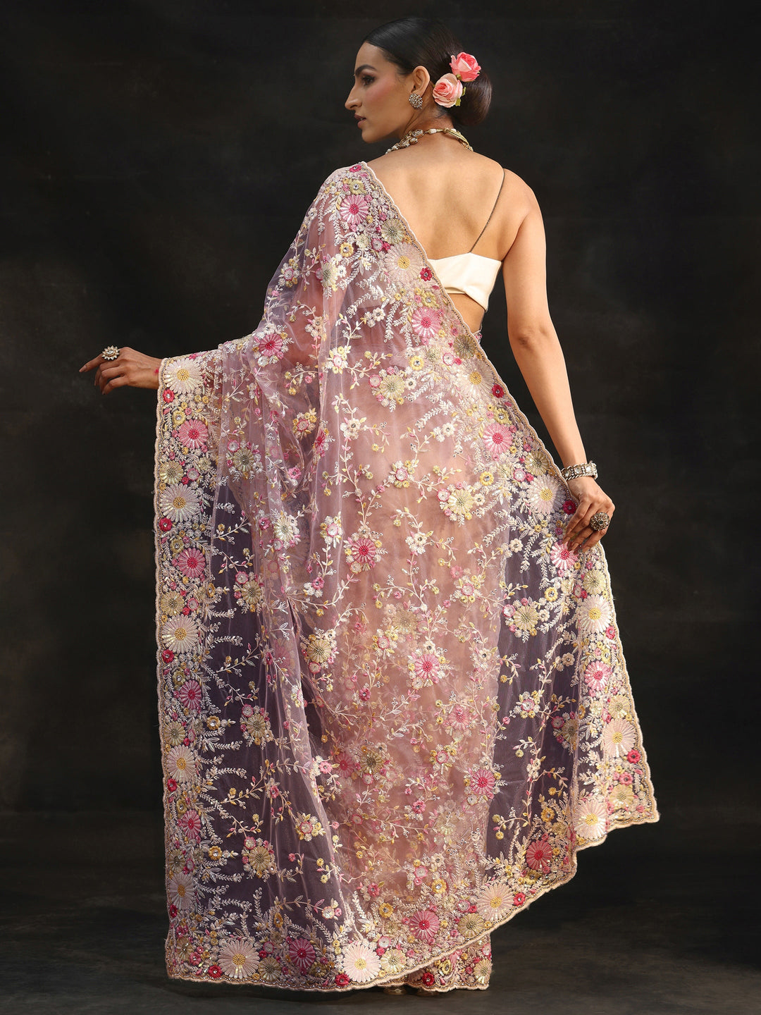 Libas Art Baby Pink Floral Embroidered Net Saree
