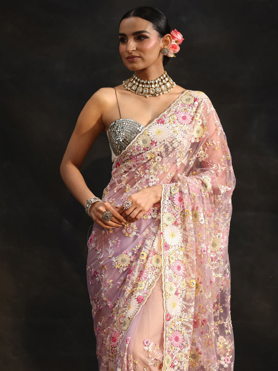 Libas Art Baby Pink Floral Embroidered Net Saree