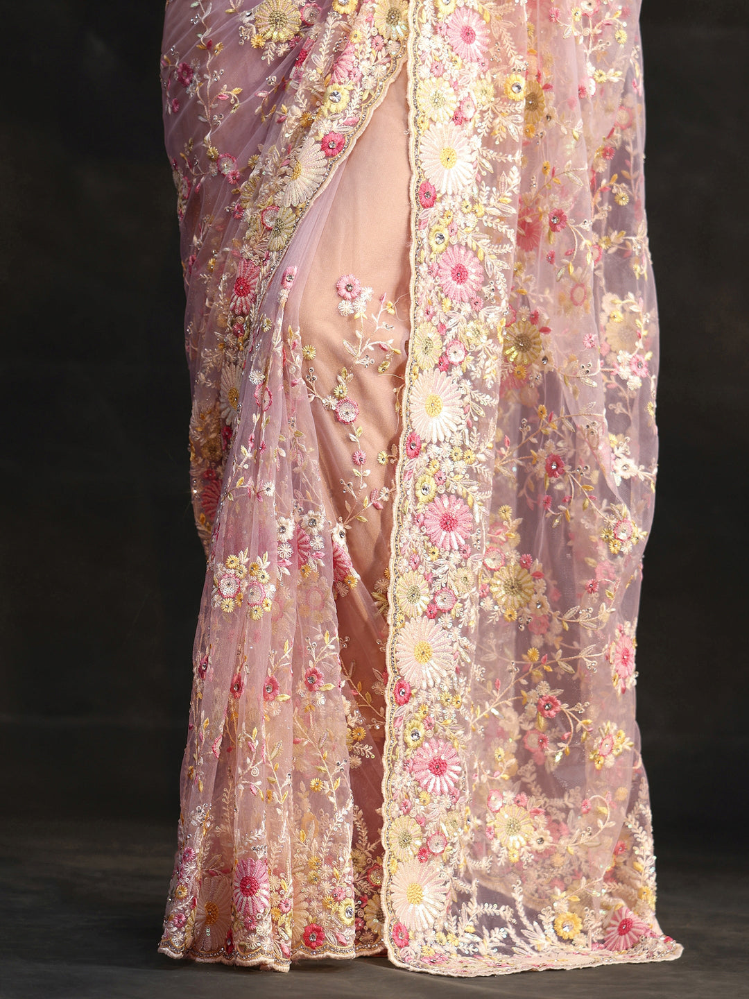 Libas Art Baby Pink Floral Embroidered Net Saree