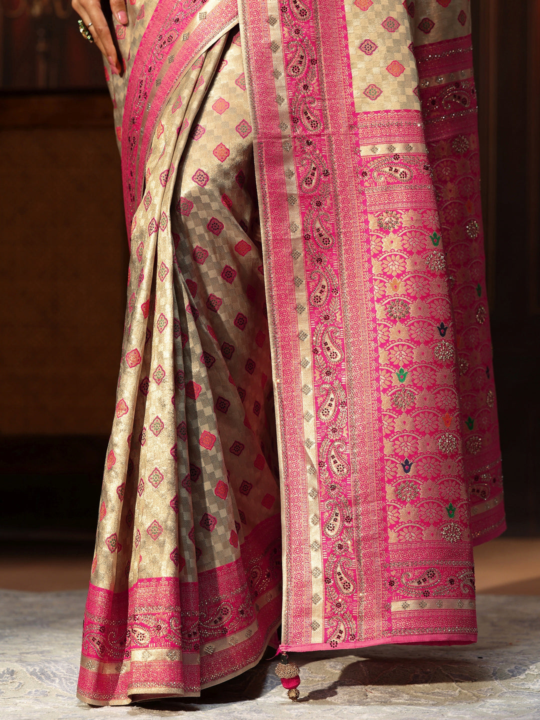 Libas Gold Woven Design Silk Blend Saree with Embellished Pallu