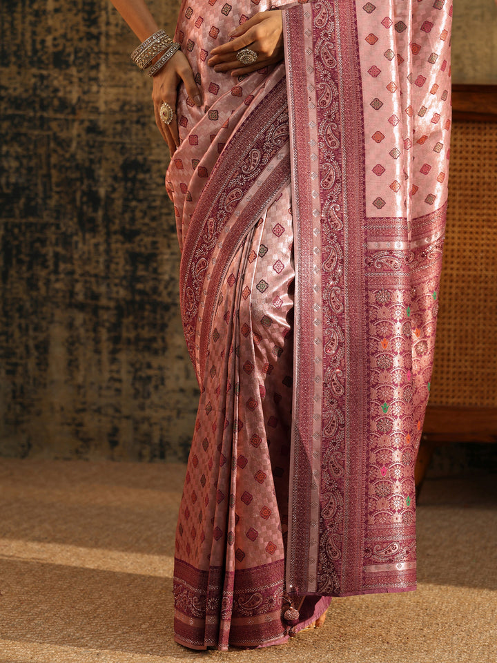 Libas Lilac Woven Silk Blend Saree with Paisley Embellished Border