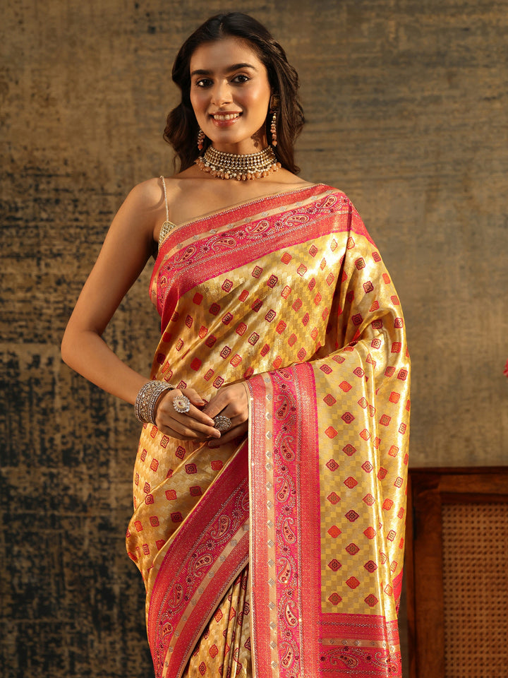Libas Mustard Woven Silk Blend Saree with Paisley Embellished Border