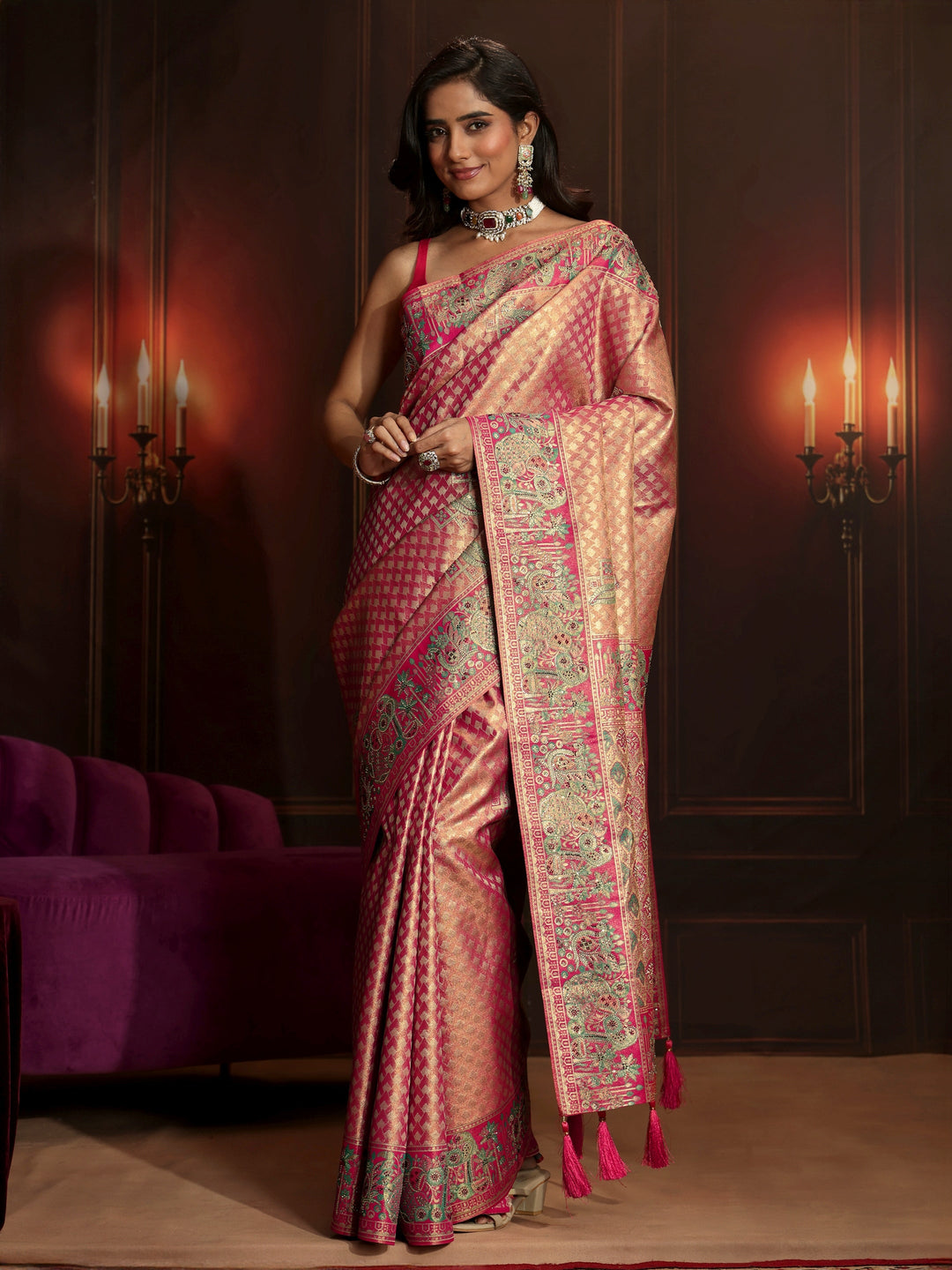 Libas Art Rose Pink Woven Design Silk Blend Saree