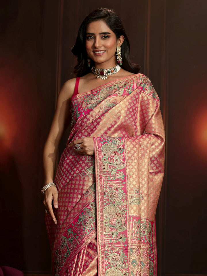 Libas Art Rose Pink Woven Design Silk Blend Saree