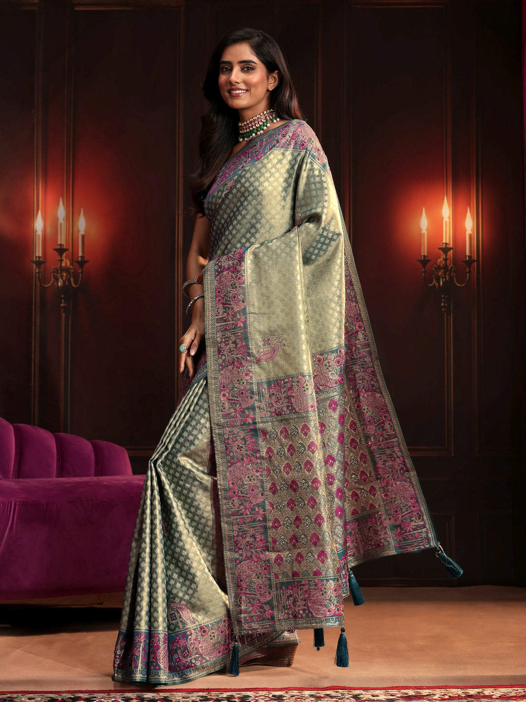 Libas Art Teal Green Woven Design Silk Blend Saree