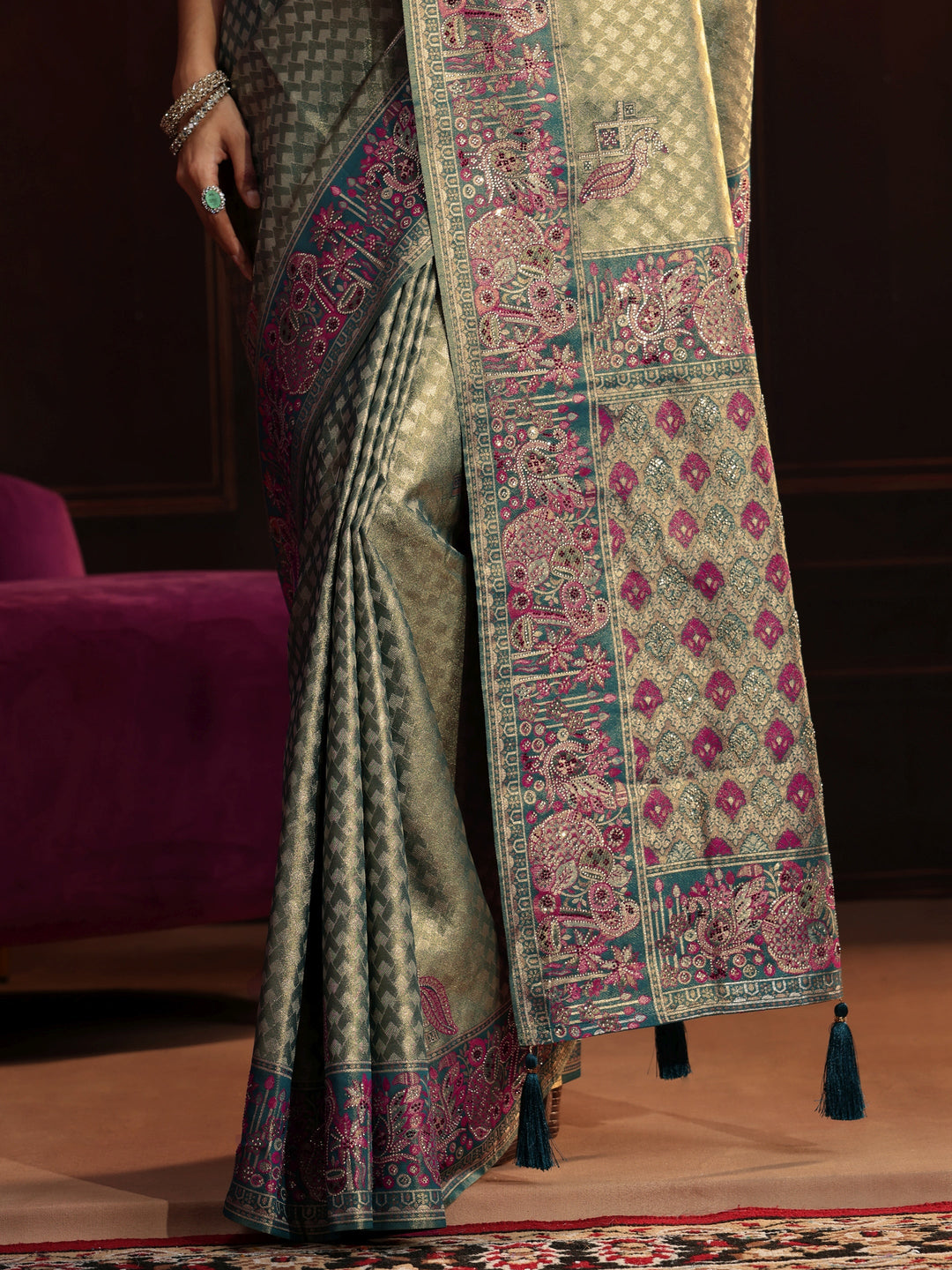 Libas Art Teal Green Woven Design Silk Blend Saree