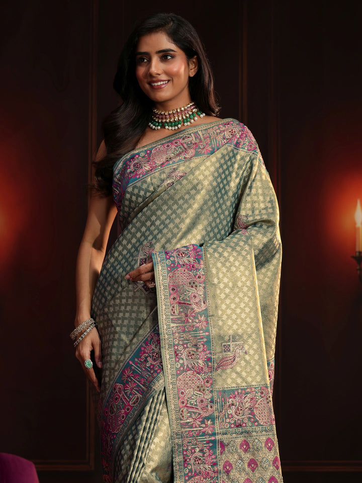 Libas Art Teal Green Woven Design Silk Blend Saree