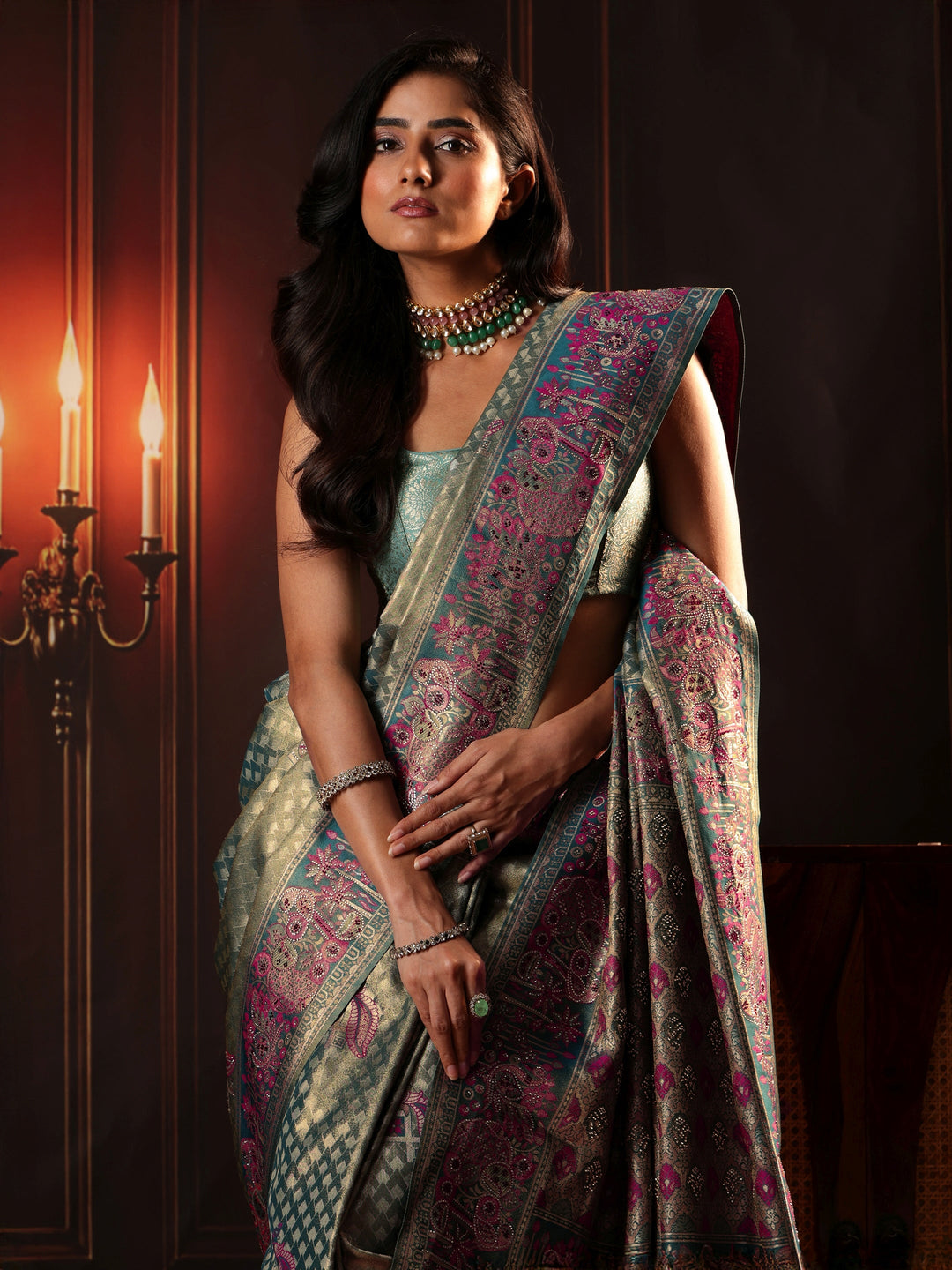 Libas Art Teal Green Woven Design Silk Blend Saree