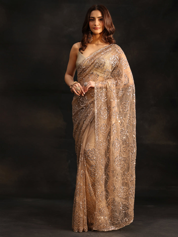 Libas Art Taupe Grey Sequinned Rosette Design Net Saree