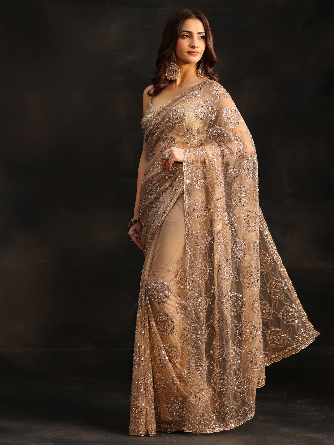 Libas Art Taupe Grey Sequinned Rosette Design Net Saree