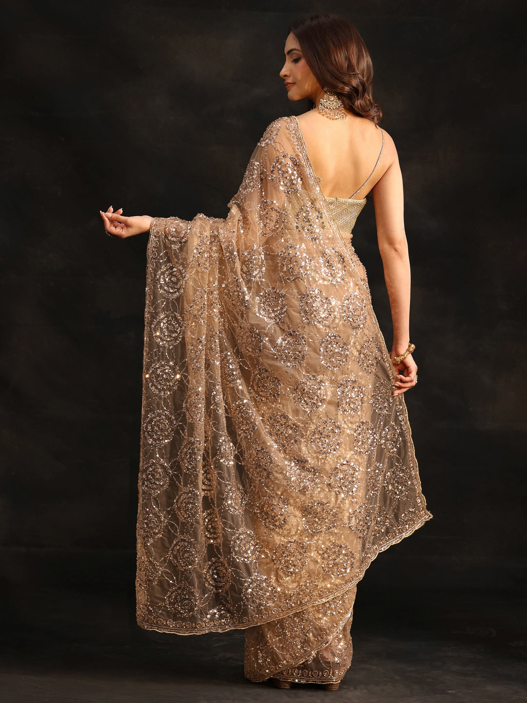 Libas Art Taupe Grey Sequinned Rosette Design Net Saree