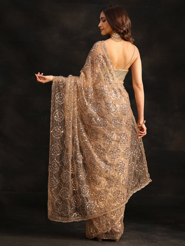 Libas Art Taupe Grey Sequinned Rosette Design Net Saree