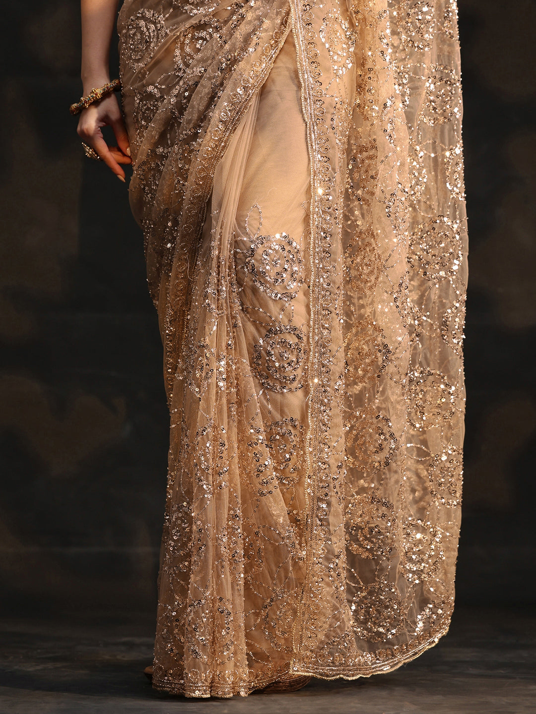 Libas Art Taupe Grey Sequinned Rosette Design Net Saree
