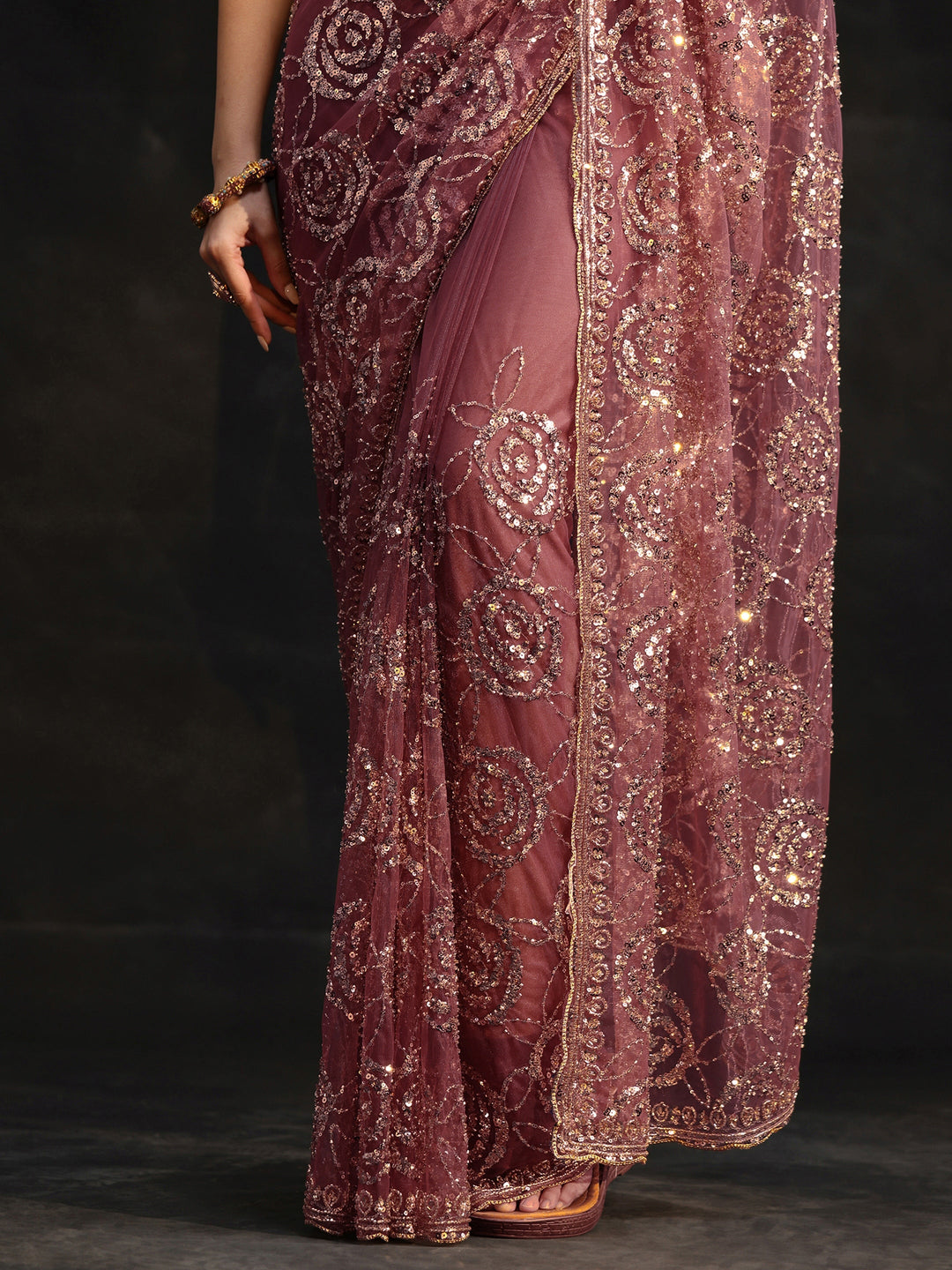 Libas Art Mauve Sequinned Rosette Design Net Saree