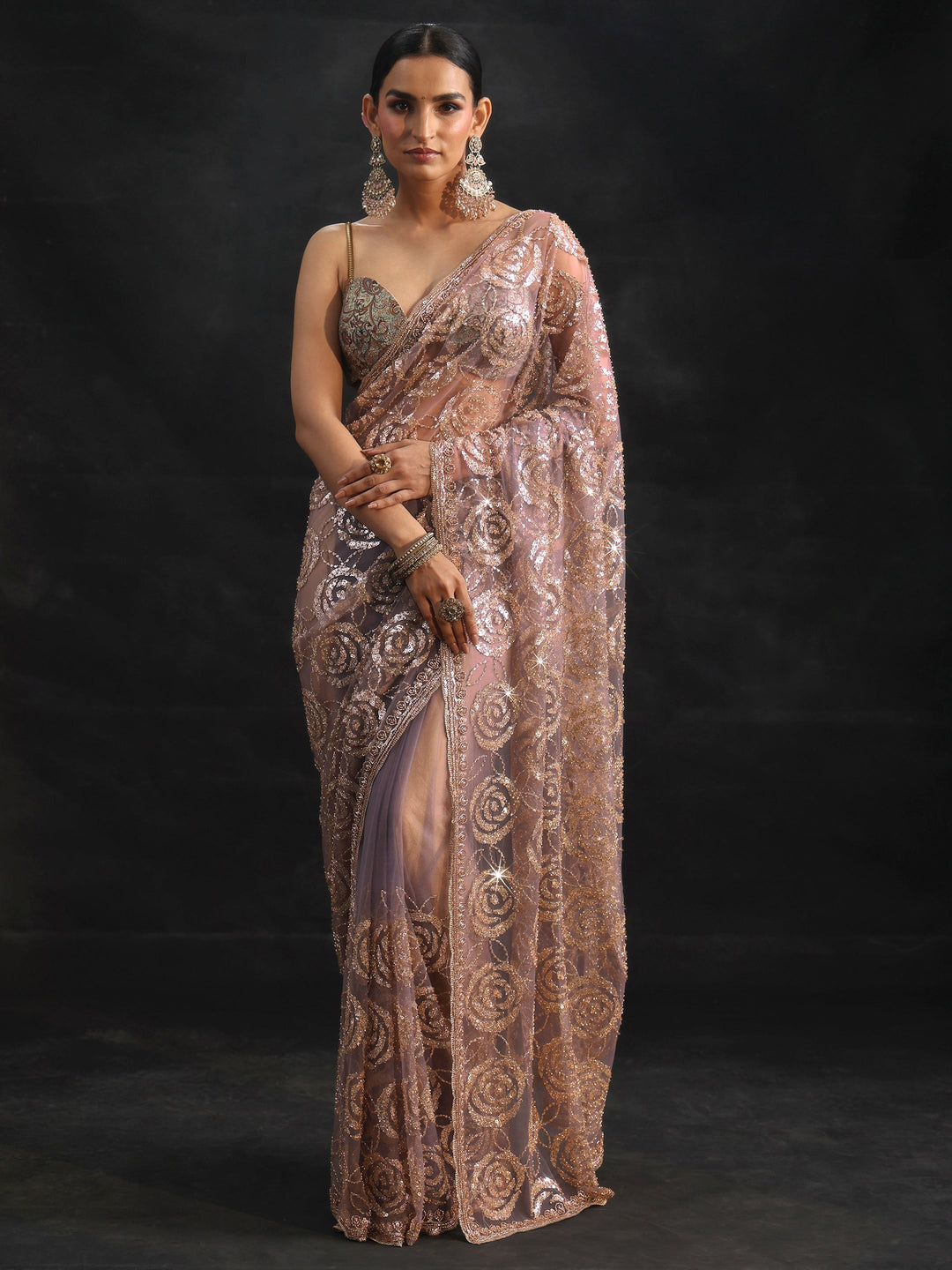 Libas Art Lavender Sequinned Rosette Design Net Saree