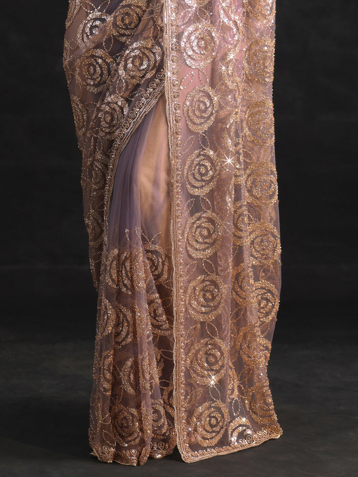 Libas Art Lavender Sequinned Rosette Design Net Saree