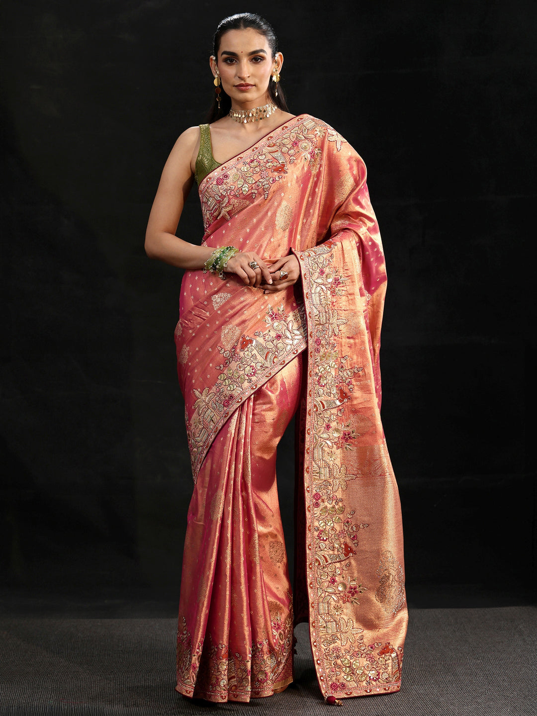 Libas Art Peach Woven Design Silk Blend Saree with Embroidered Border