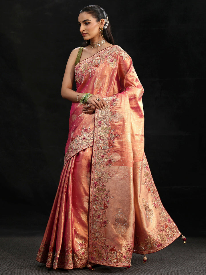 Libas Art Peach Woven Design Silk Blend Saree with Embroidered Border