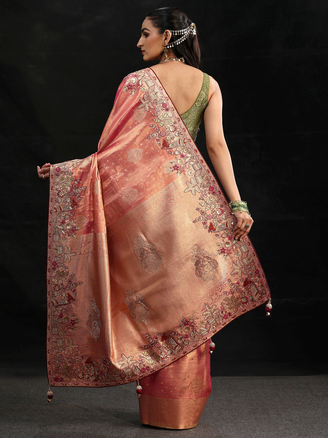 Libas Art Peach Woven Design Silk Blend Saree with Embroidered Border