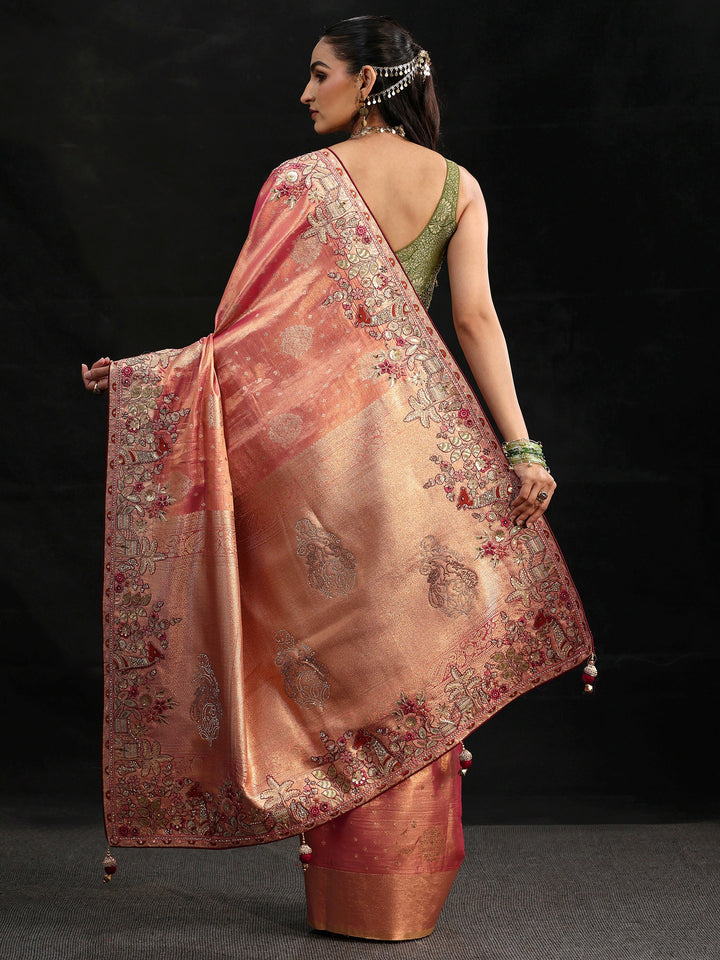 Libas Art Peach Woven Design Silk Blend Saree with Embroidered Border