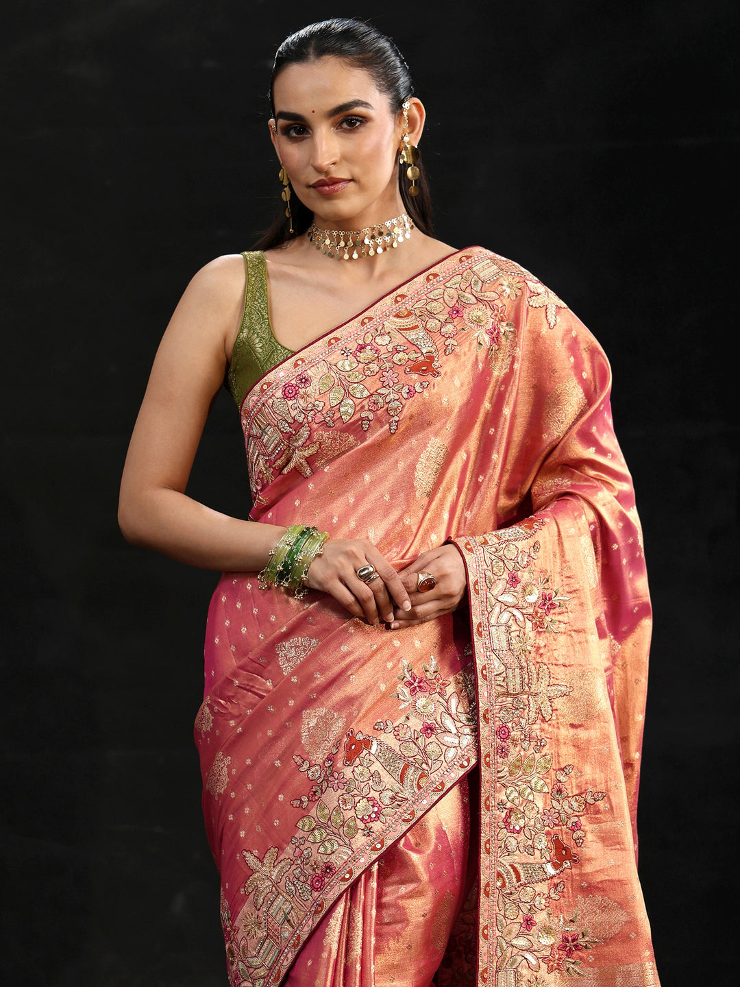 Libas Art Peach Woven Design Silk Blend Saree with Embroidered Border