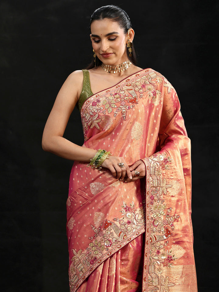 Libas Art Peach Woven Design Silk Blend Saree with Embroidered Border