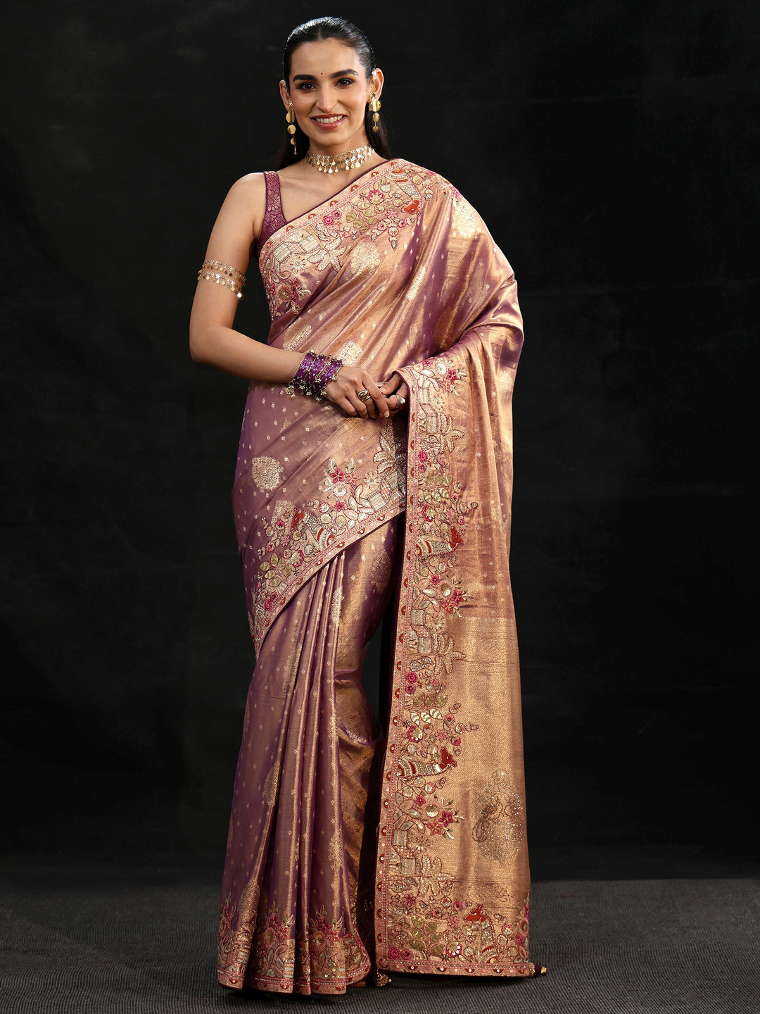 Libas Art Purple Woven Design Silk Blend Saree with Embroidered Border