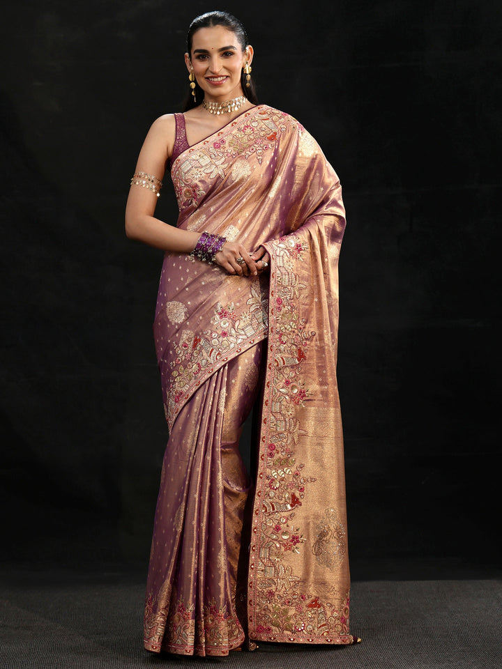Libas Art Purple Woven Design Silk Blend Saree with Embroidered Border